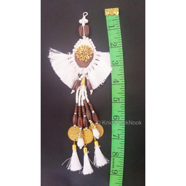 White Tassels With White Acrylic And Brown Wood Button In Kundan Stones, Wood Beads, Pearls